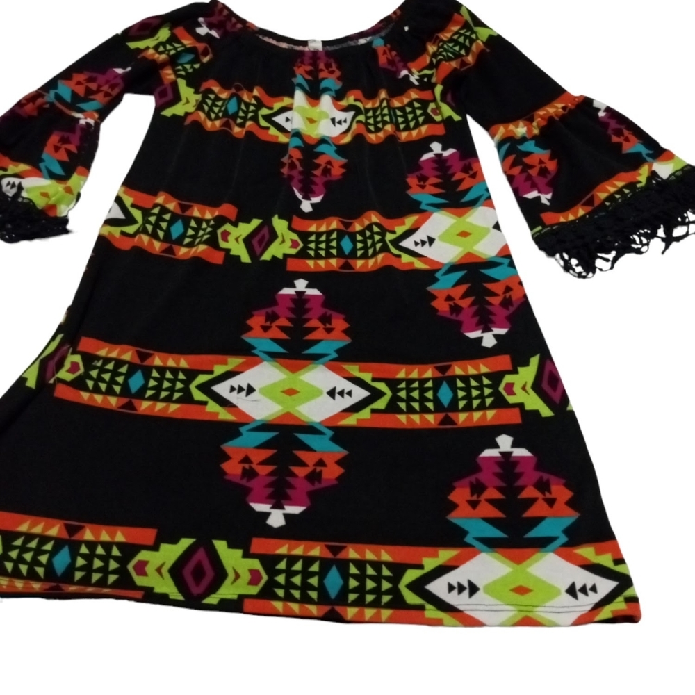 R. Rouge USA Bright Boho Aztec spring Bell Sleeve Mini Ladies Dress. Size Large.